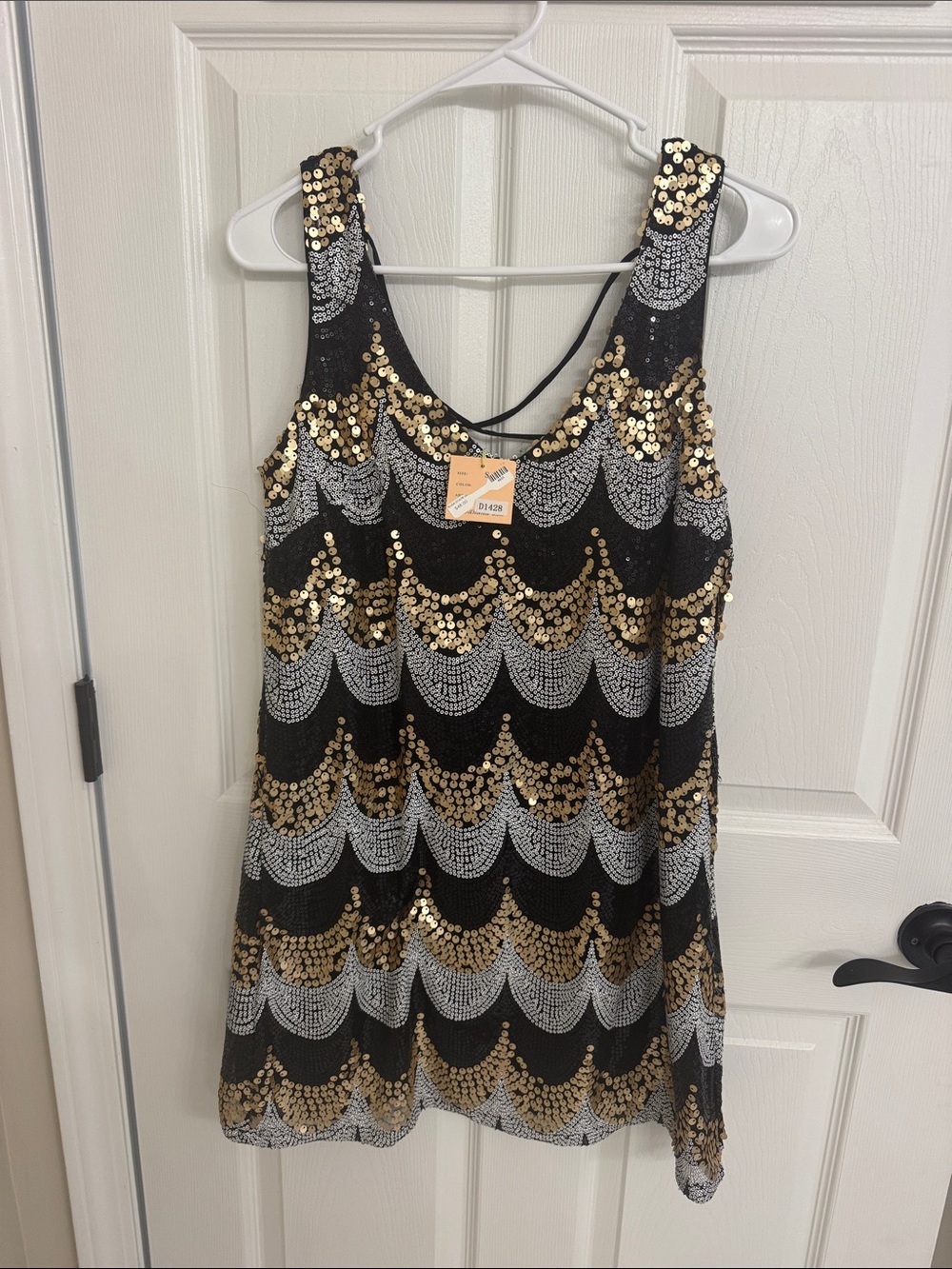 Black Sequin Mini Dress with Gold & Silver Scallop Accents
